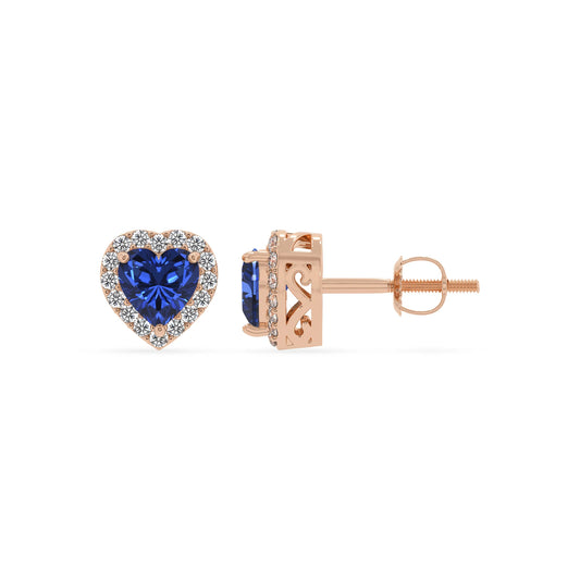 lab grown blue sapphire heart stud earrings in rose gold