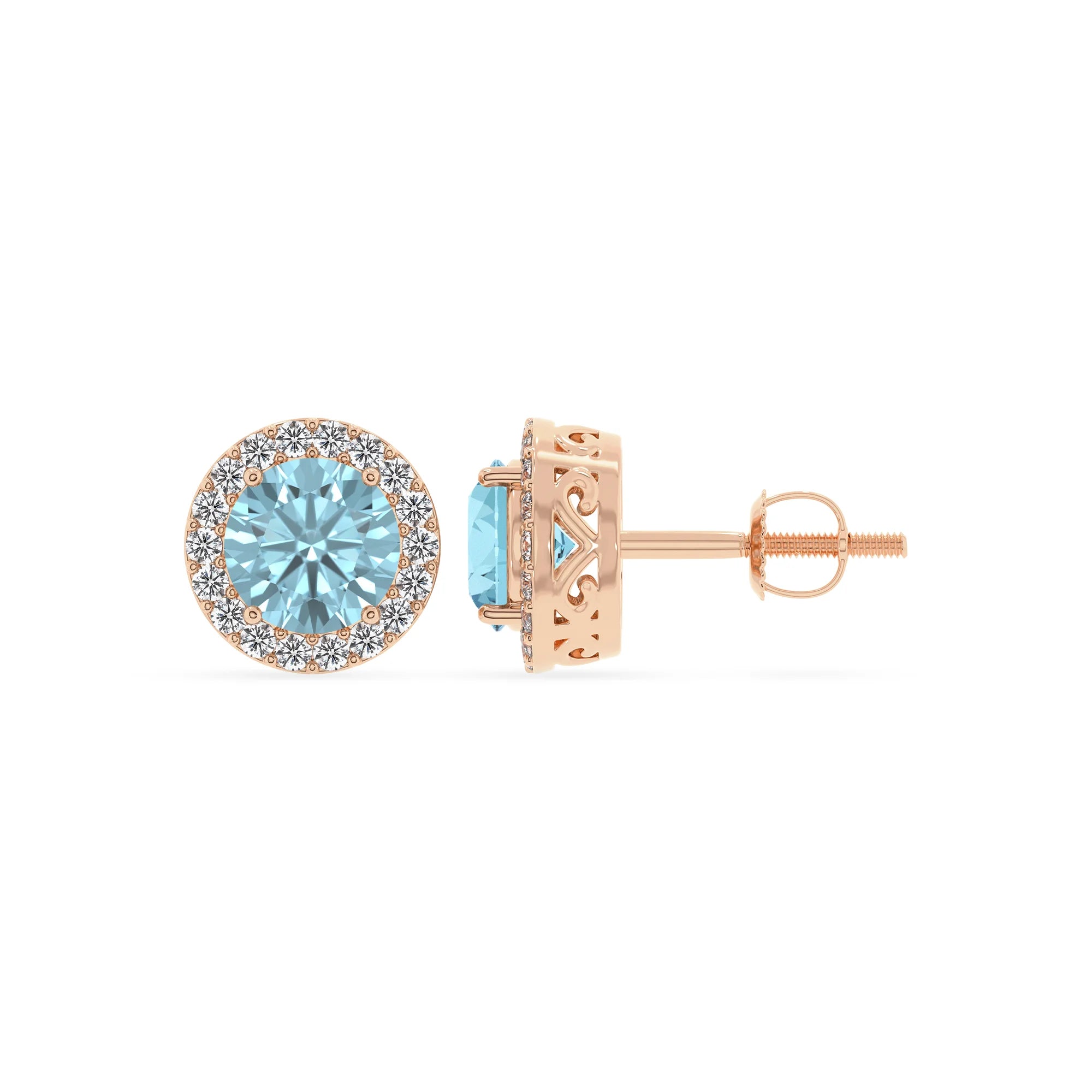 lab grown aquamarine round stud earrings in rose gold