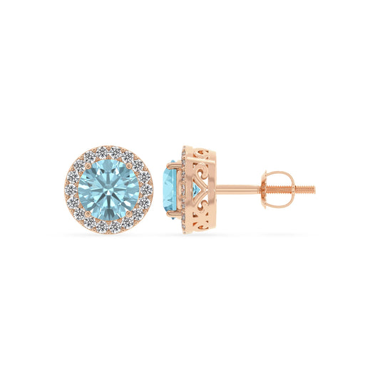 lab grown aquamarine round stud earrings in rose gold