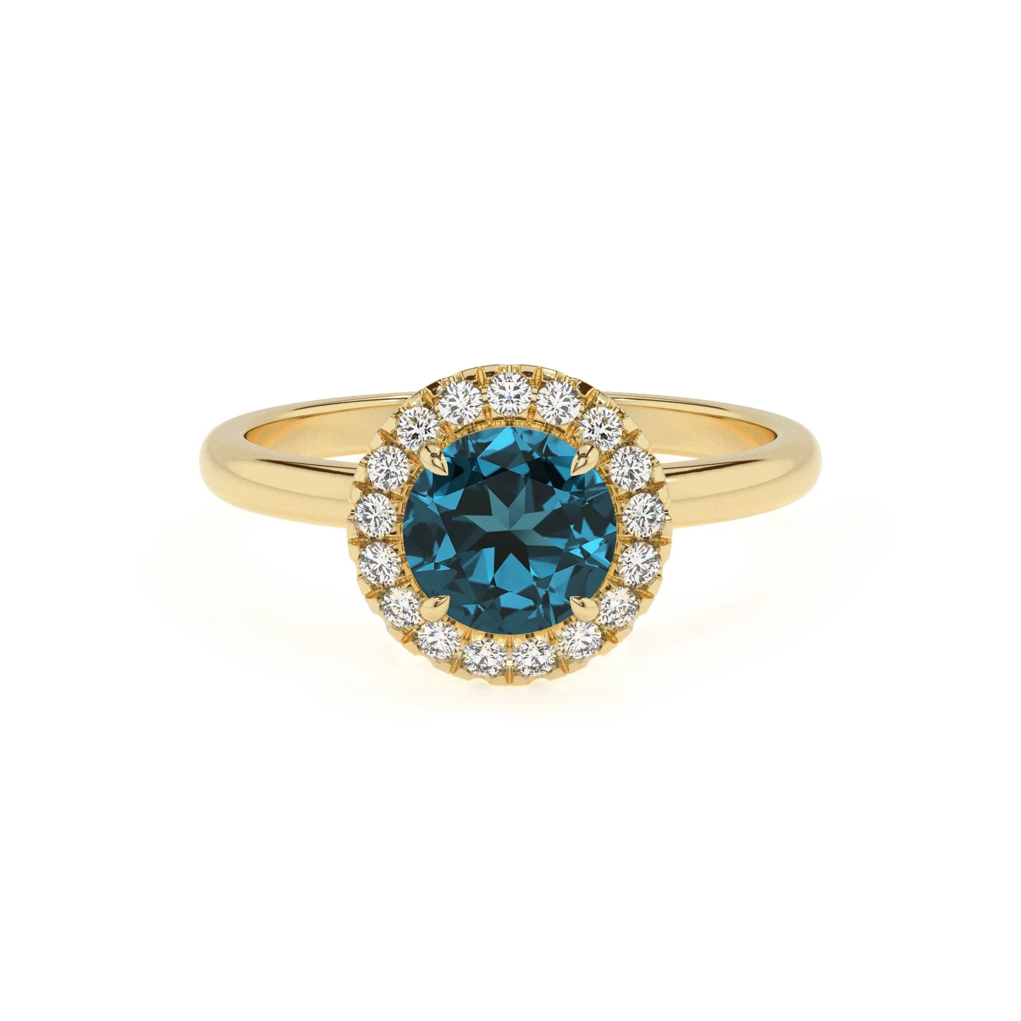 natural london-blue-topaz round solitaire rings in yellow gold