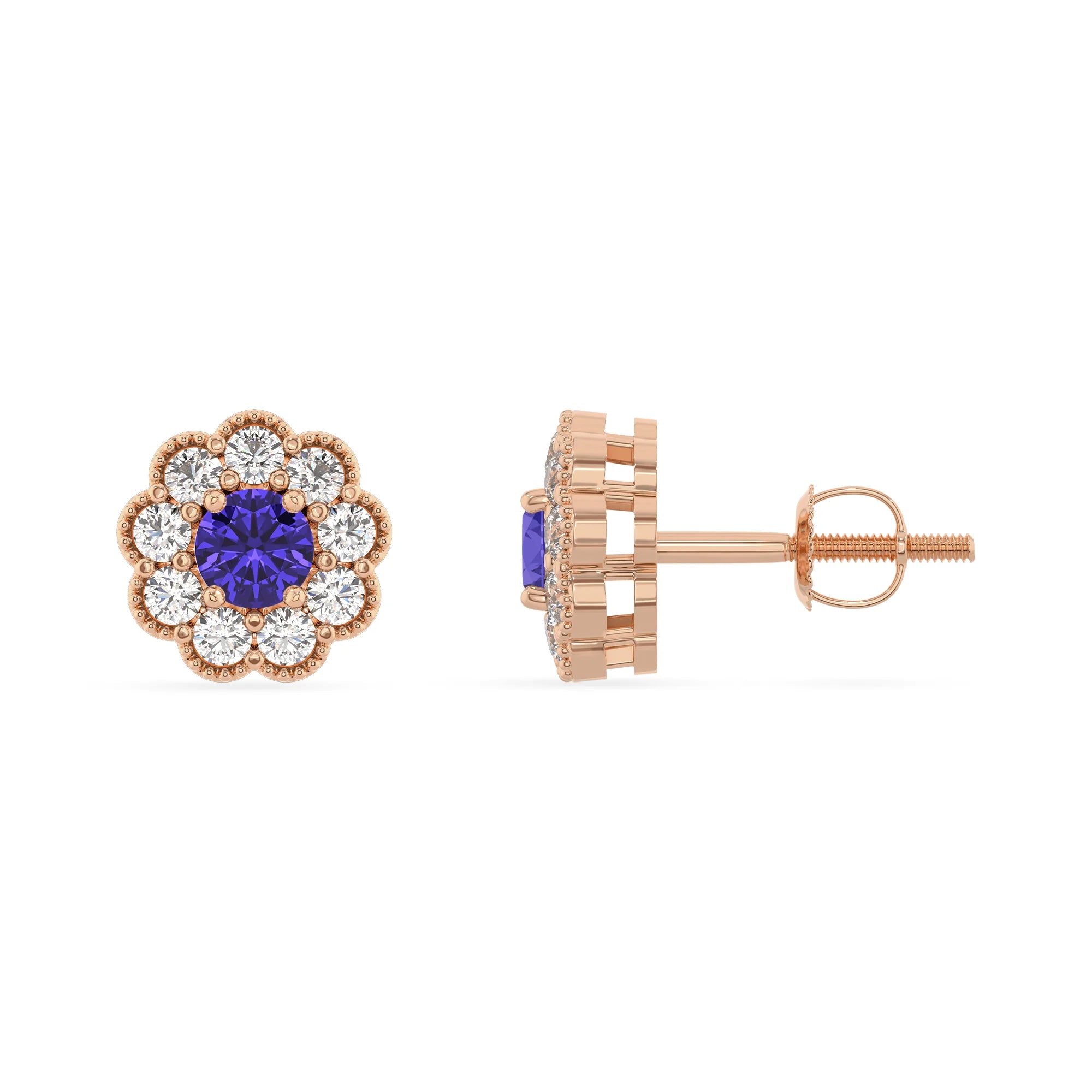 lab grown tanzanite round stud earrings in rose gold