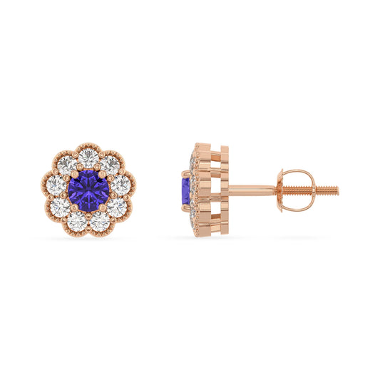 lab grown tanzanite round stud earrings in rose gold