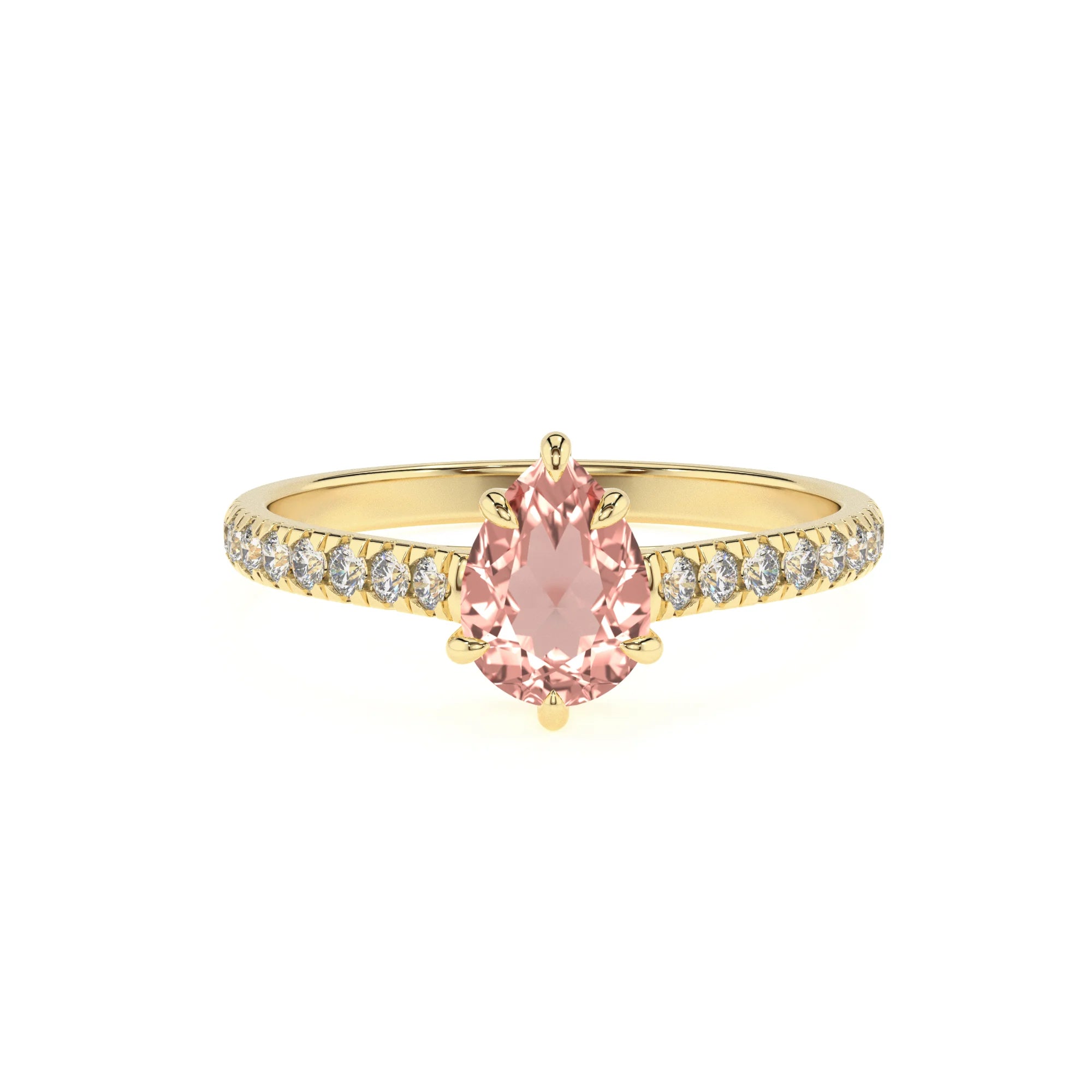 lab grown morganite pear half eternity solitaire engagement rings in yellow gold