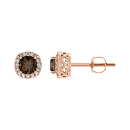 natural smoky quartz cushion stud earrings in rose gold