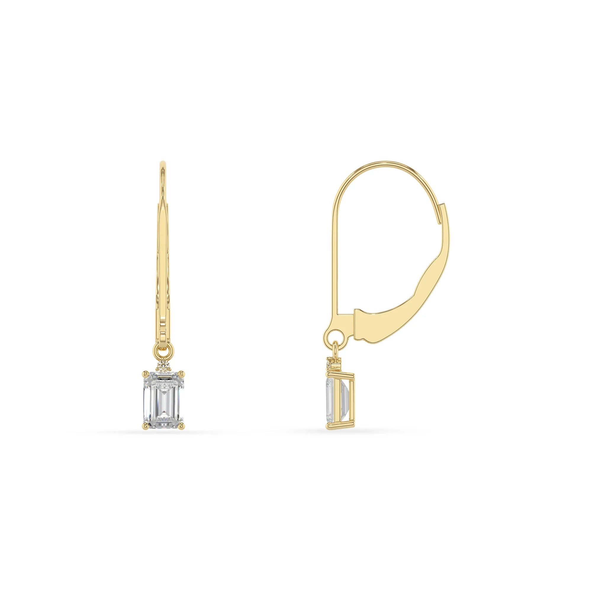 lab grown moissanite emerald cut drop earrings in yellow gold
