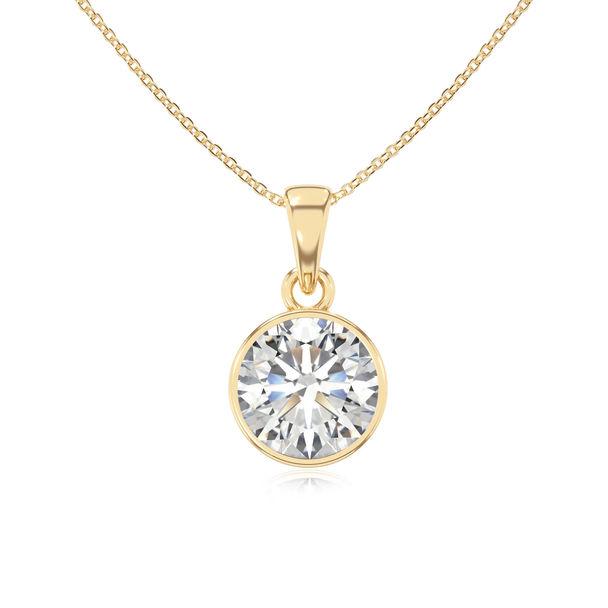 lab grown moissanite round solitaire necklaces in yellow gold