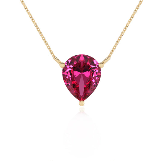 lab grown pink-sapphire pear solitaire necklaces in yellow gold
