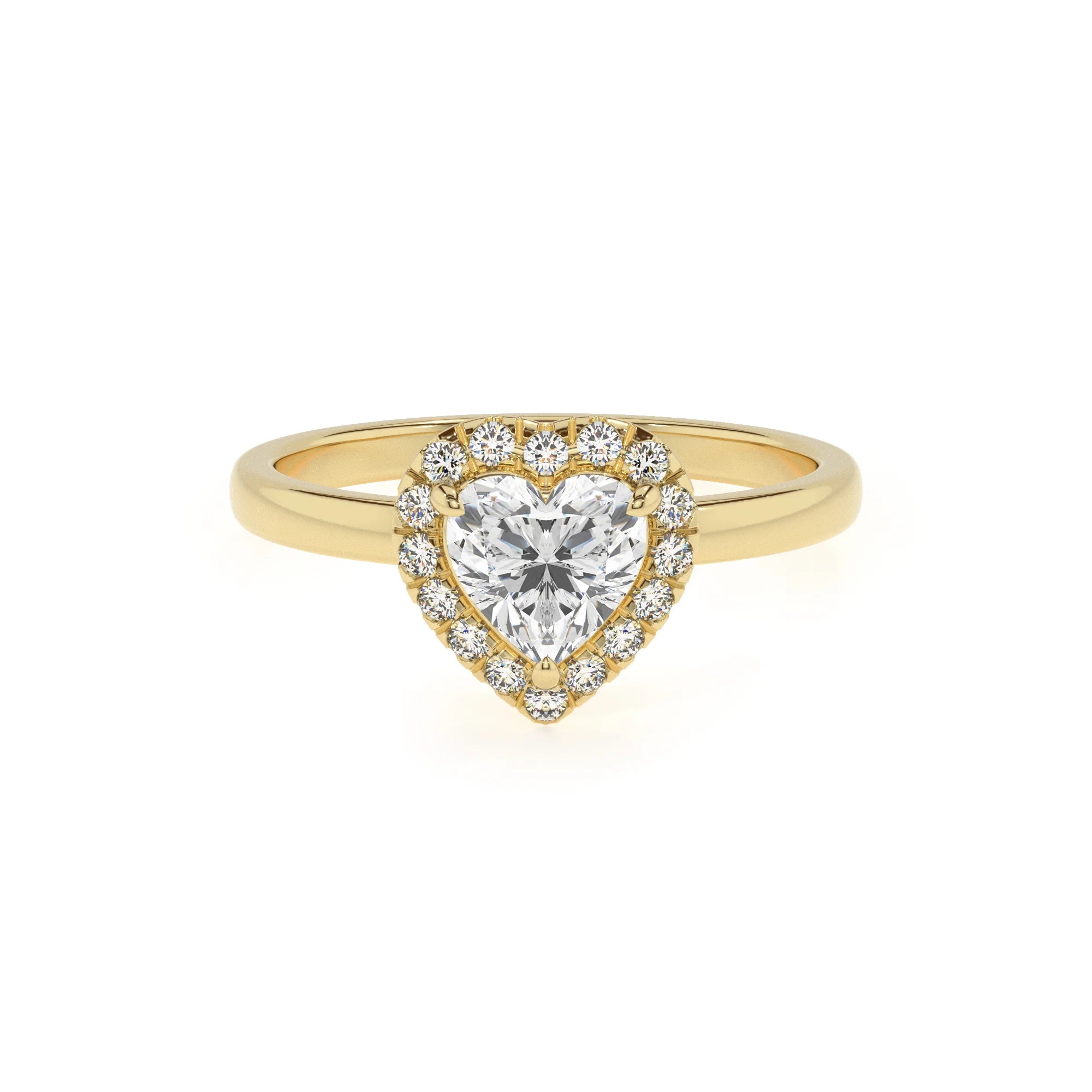 lab grown moissanite heart solitaire rings in yellow gold