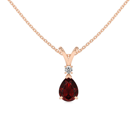 natural garnet pear solitaire v-bale necklaces in rose gold