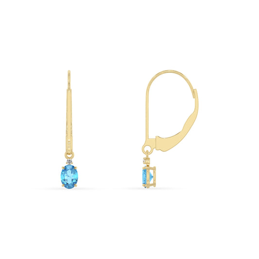 natural swiss blue topaz oval drop earrings in yellow gold