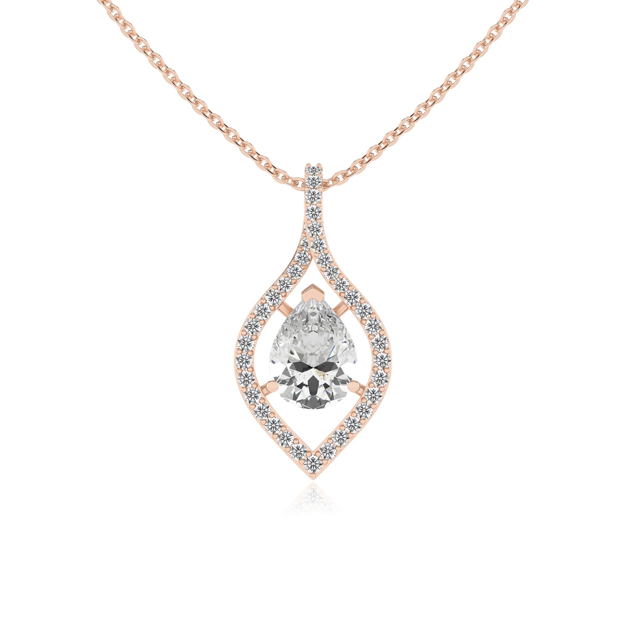 lab grown moissanite pear infinity necklaces in rose gold
