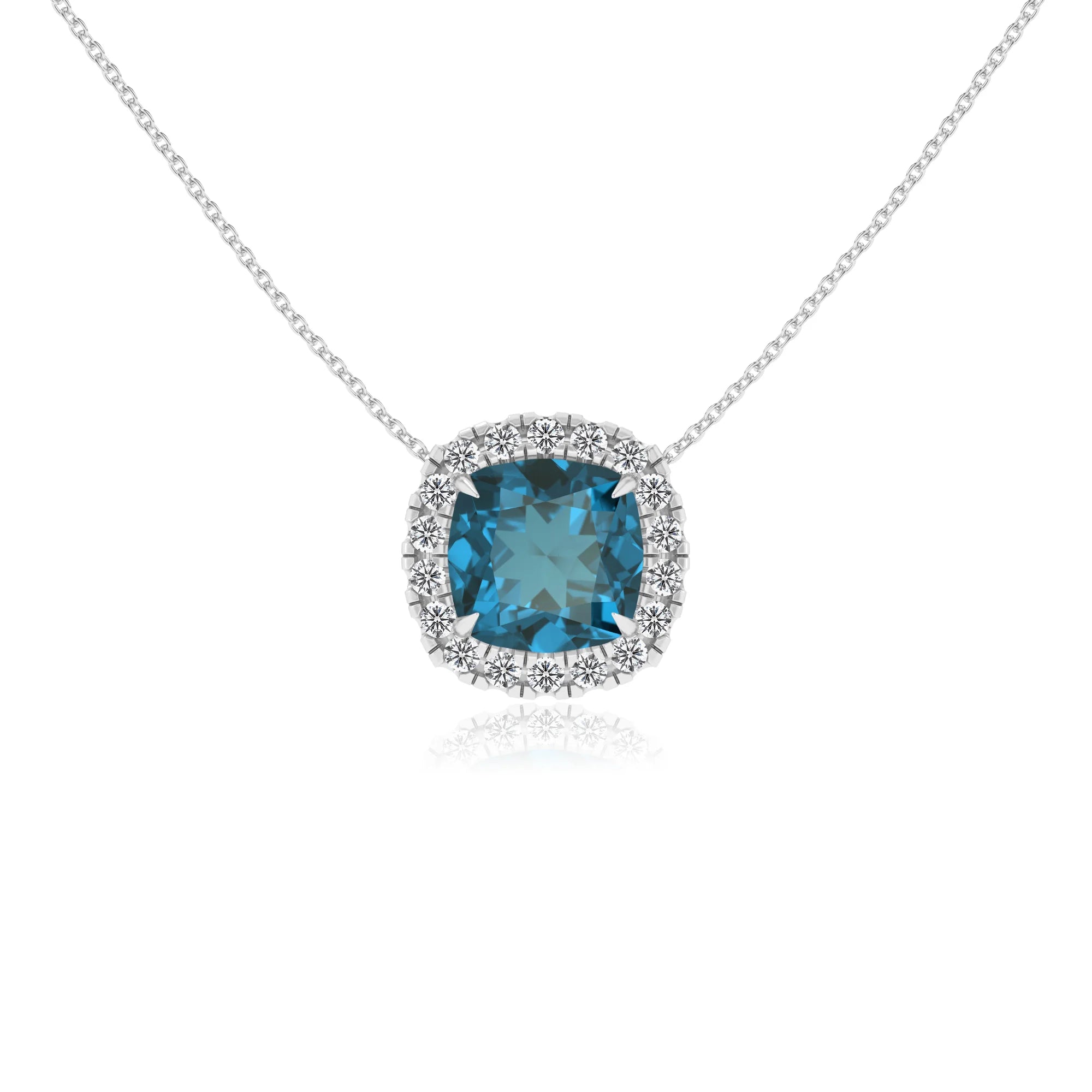 natural london blue topaz cushion solitaire necklaces in white gold