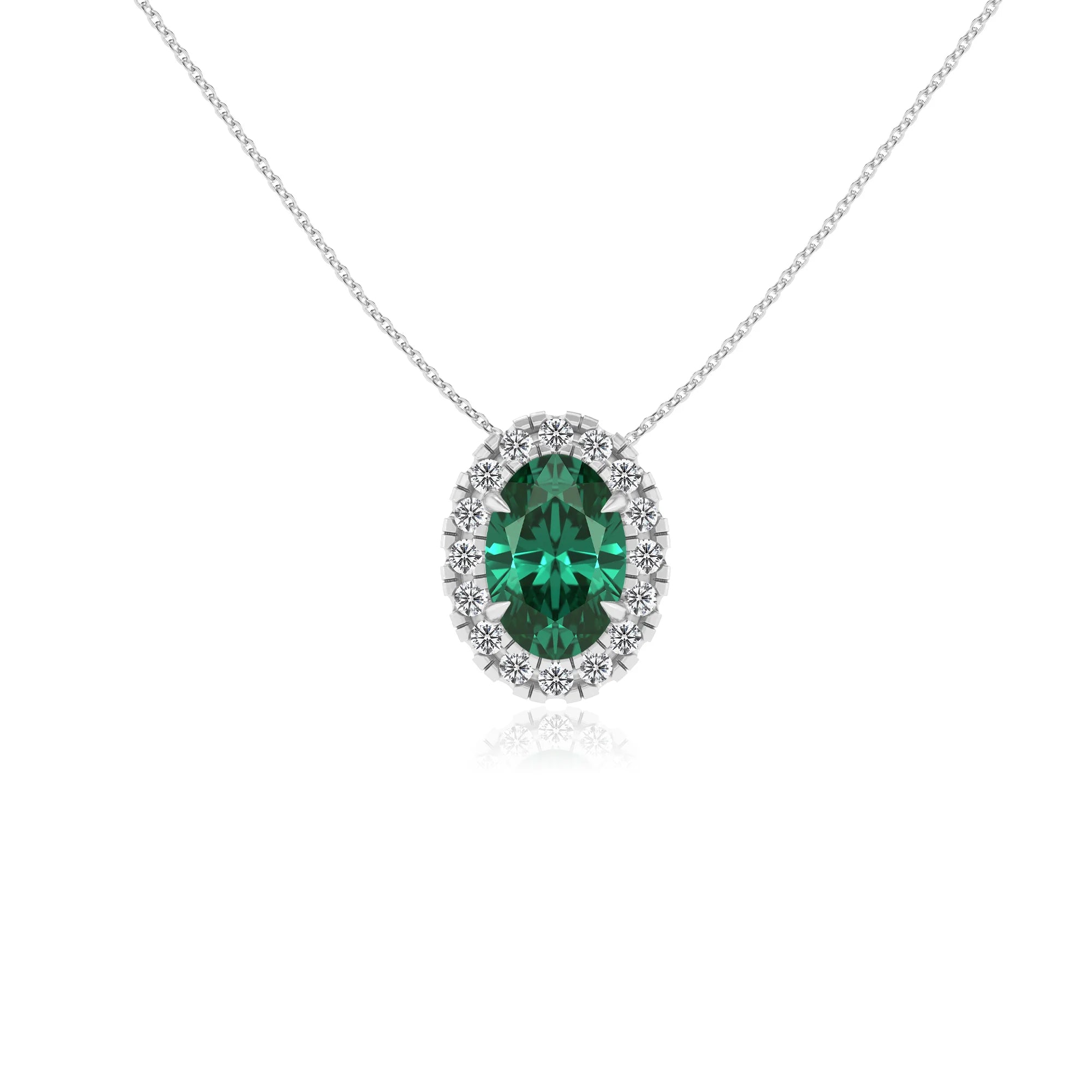 lab grown emerald oval solitaire necklaces in white gold