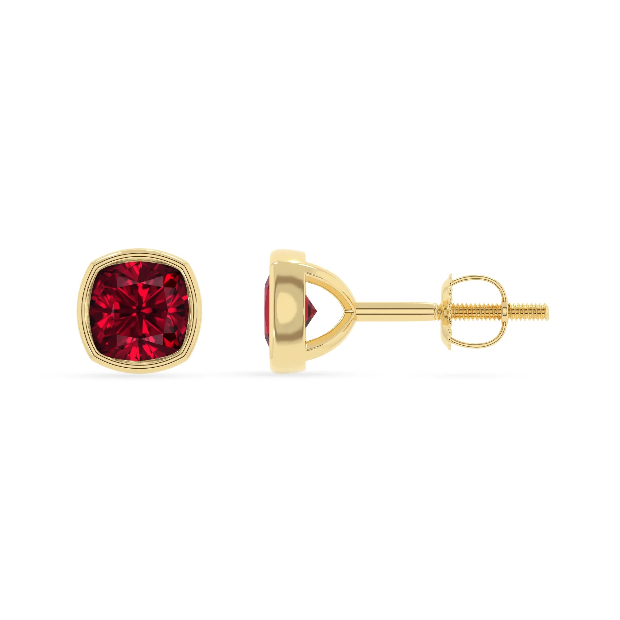 lab grown ruby cushion stud earrings in yellow gold
