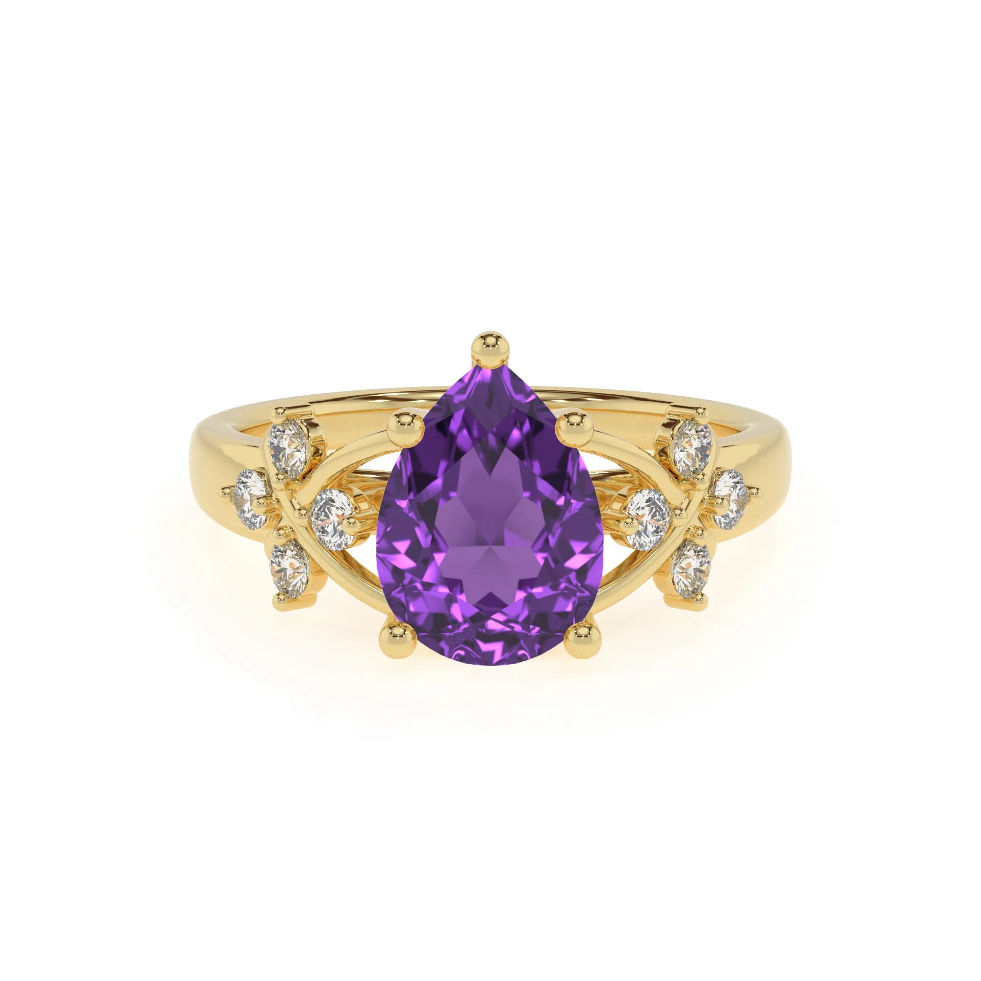 lab grown amethyst pear solitaire rings in yellow gold