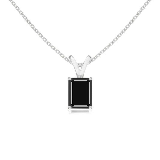 natural black-onyx emerald cut solitaire v-bale necklaces in platinum