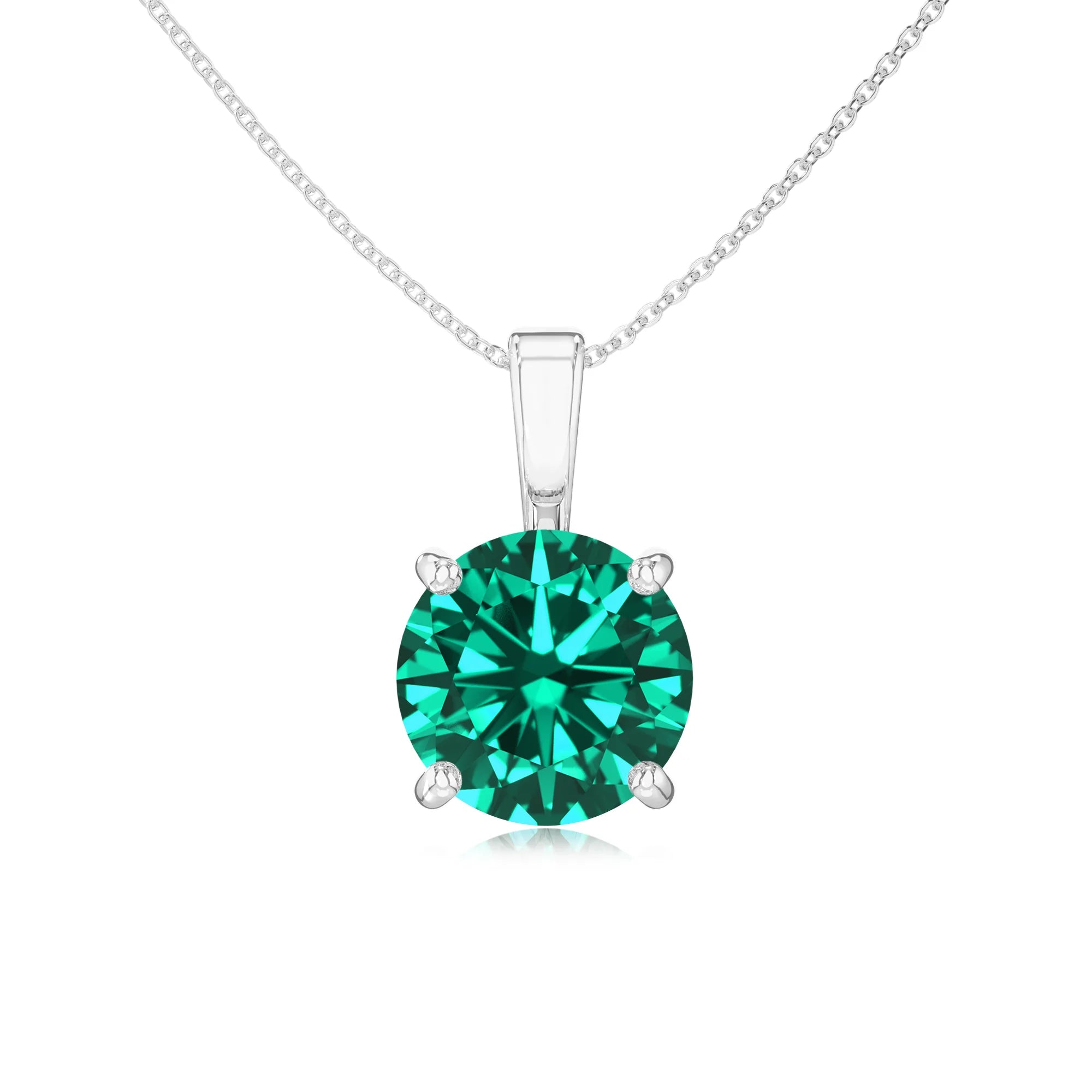 lab grown emerald round solitaire necklaces in white gold
