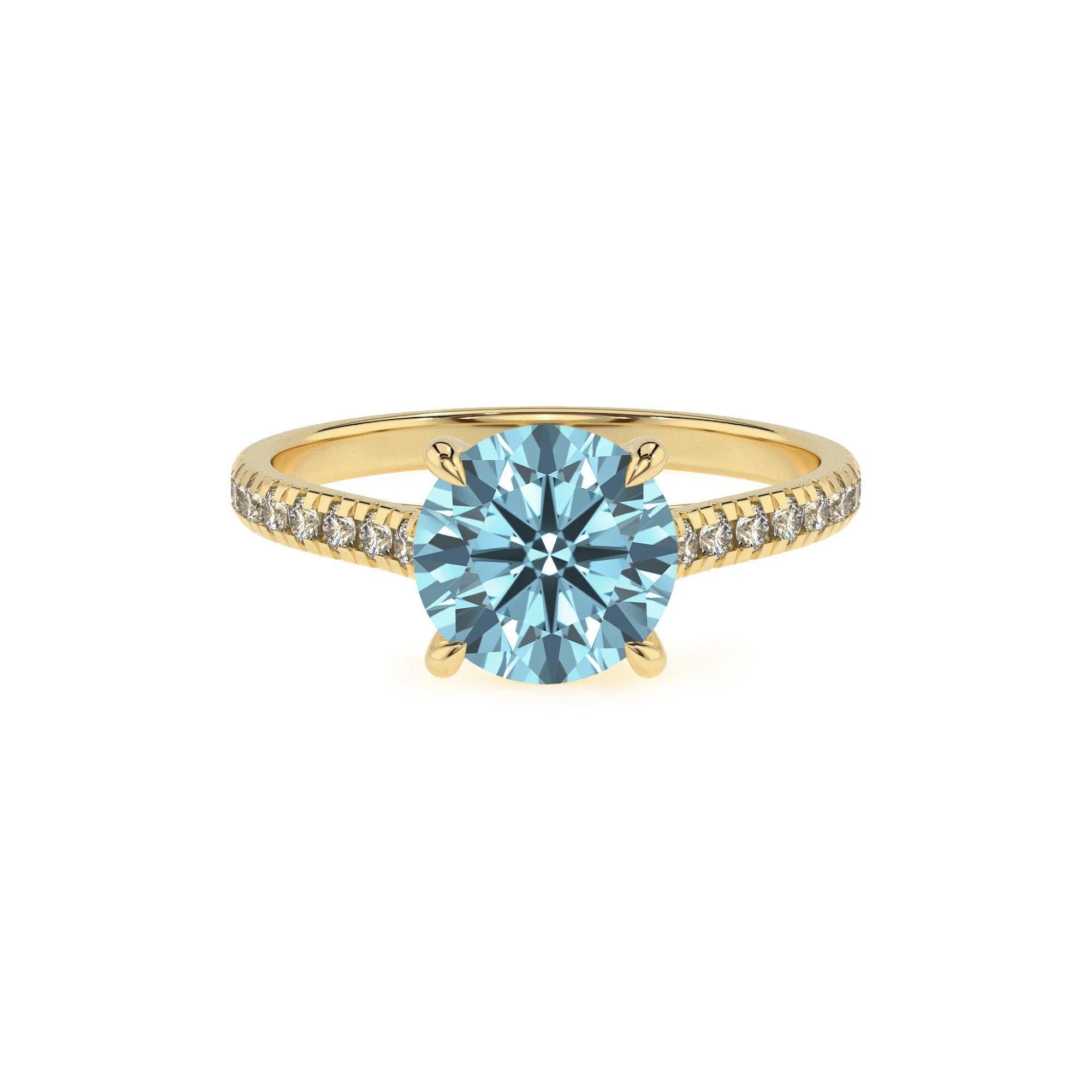 lab grown aquamarine round half eternity solitaire engagement rings in yellow gold