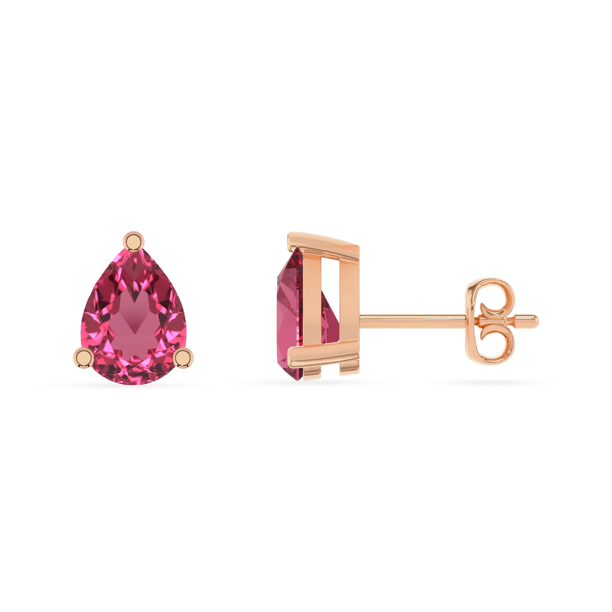 lab grown pink tourmaline pear stud earrings in rose gold
