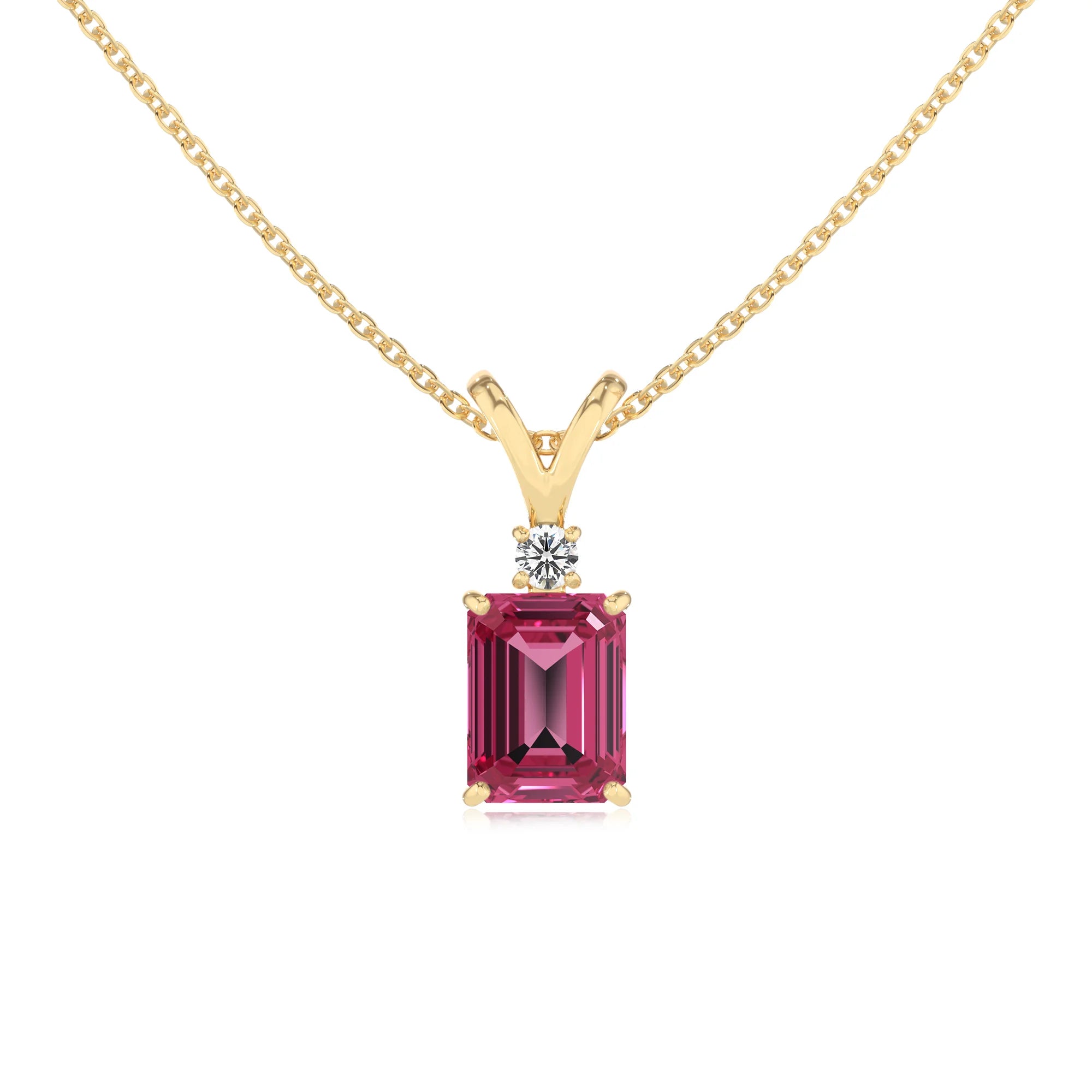 lab grown pink-tourmaline emerald cut solitaire v-bale necklaces in yellow gold