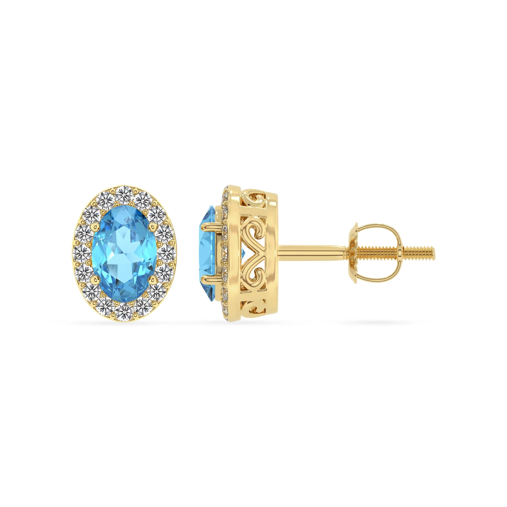natural swiss blue topaz oval stud earrings in yellow gold