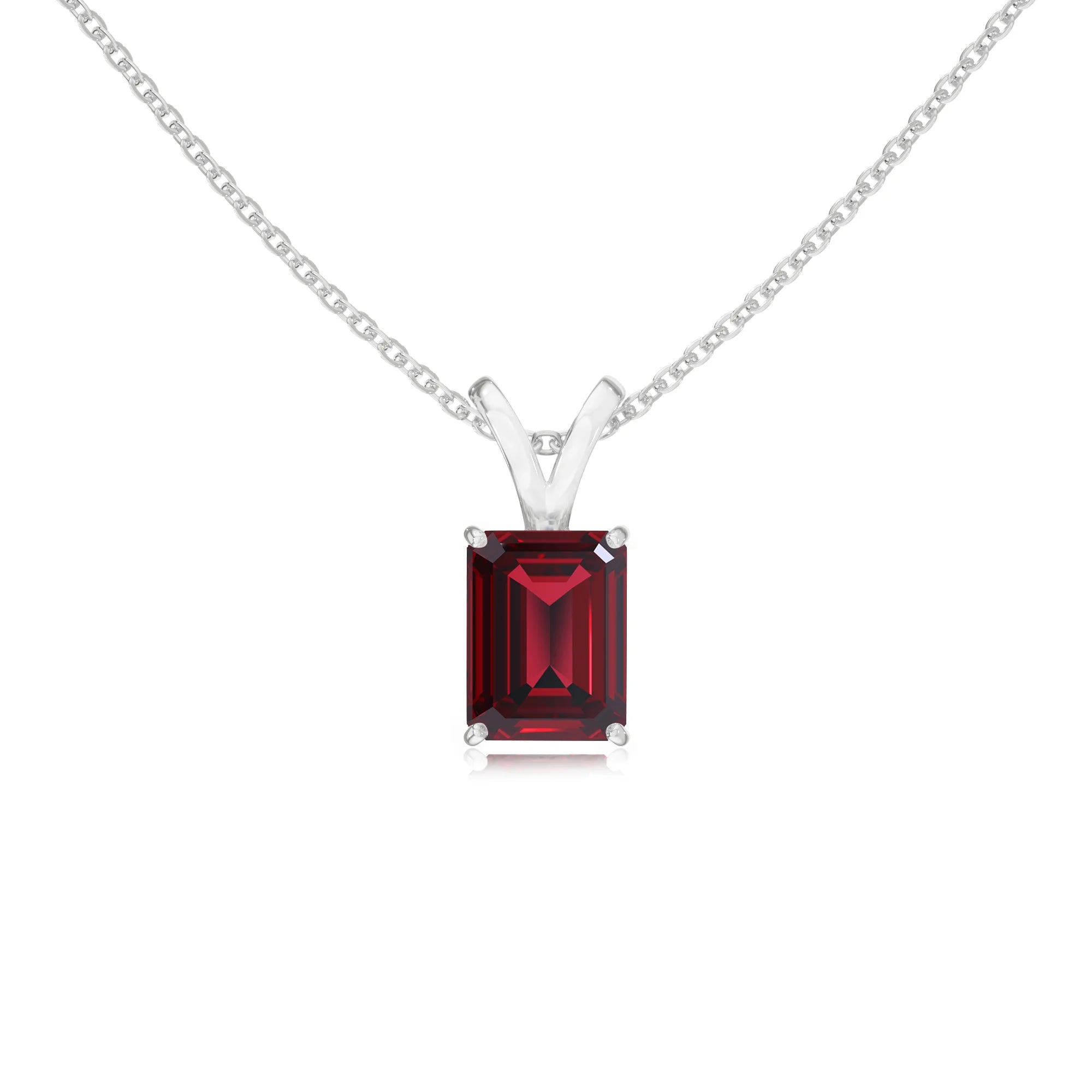 lab grown ruby emerald cut solitaire v-bale necklaces in white gold