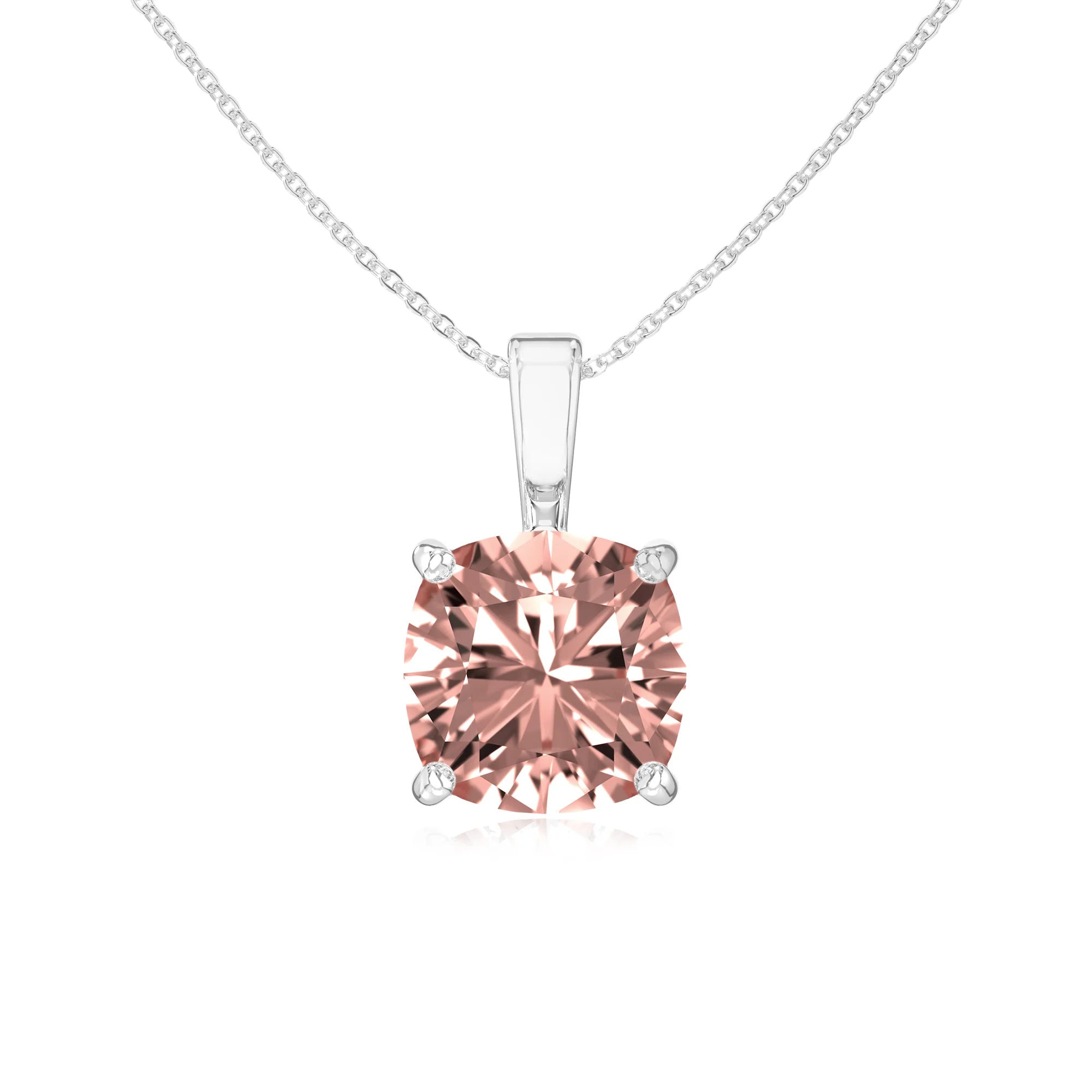 lab grown morganite cushion solitaire necklaces in white gold