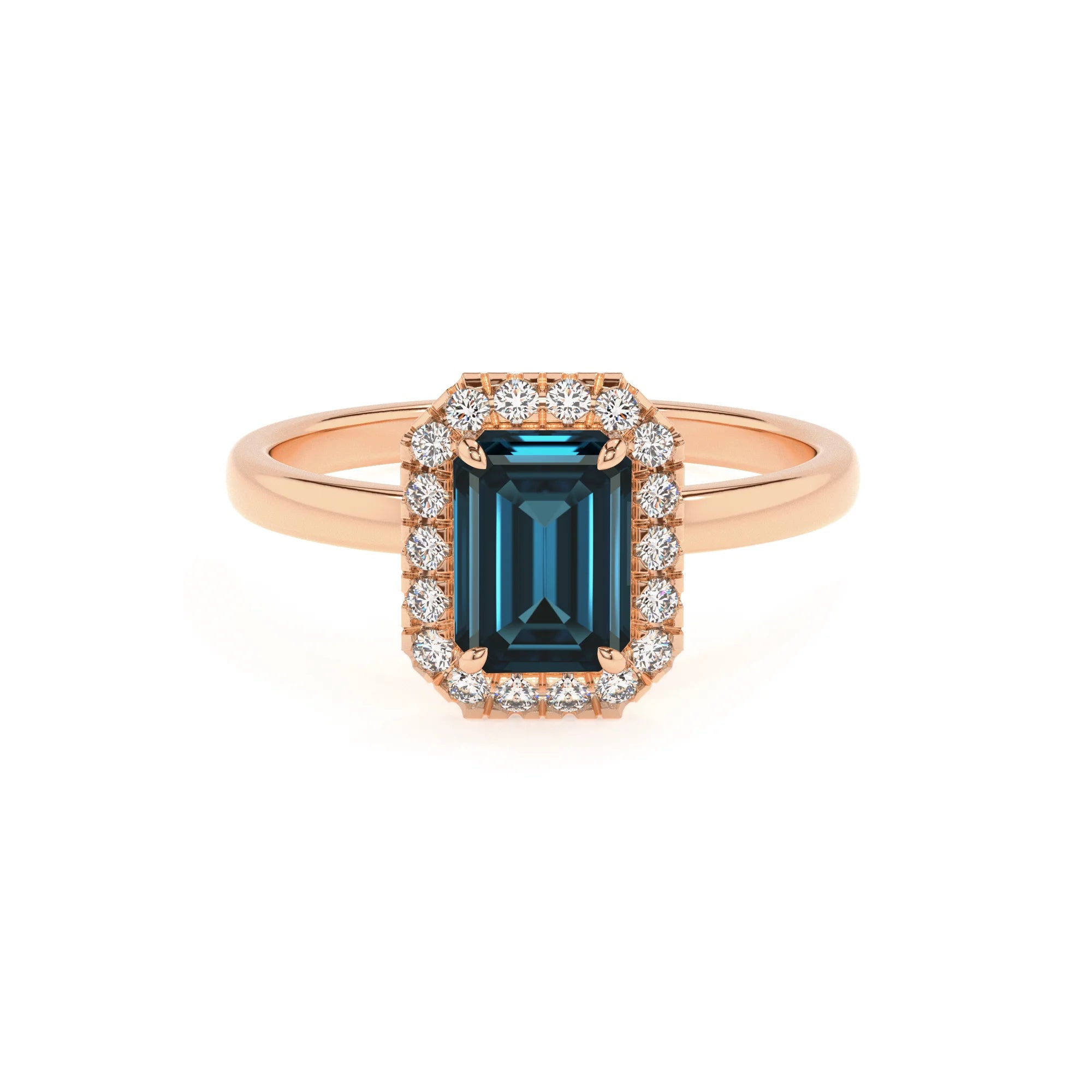 natural london-blue-topaz emerald cut solitaire rings in rose gold
