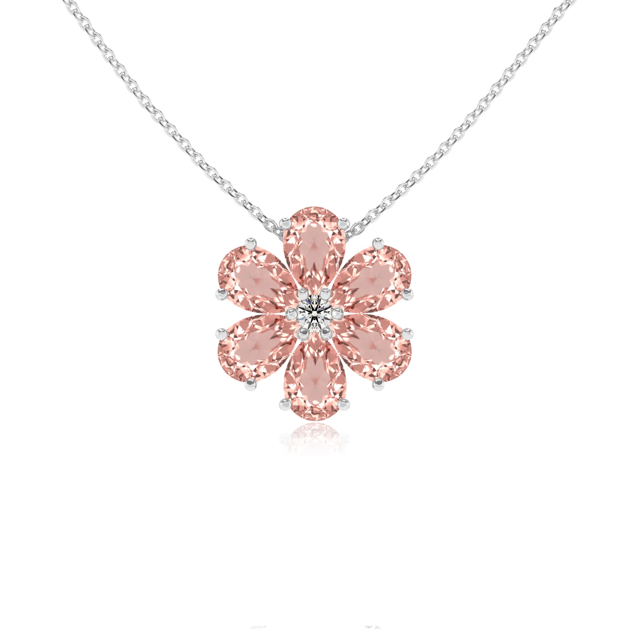 lab grown morganite pear solitaire necklaces in white gold