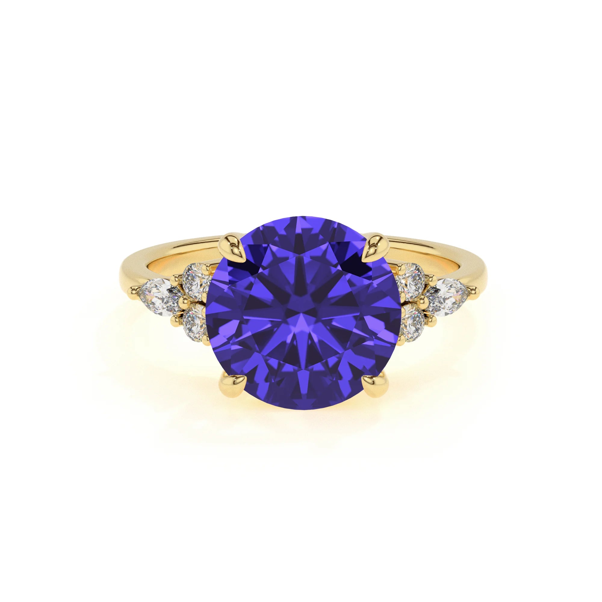 lab grown tanzanite round solitaire rings in yellow gold