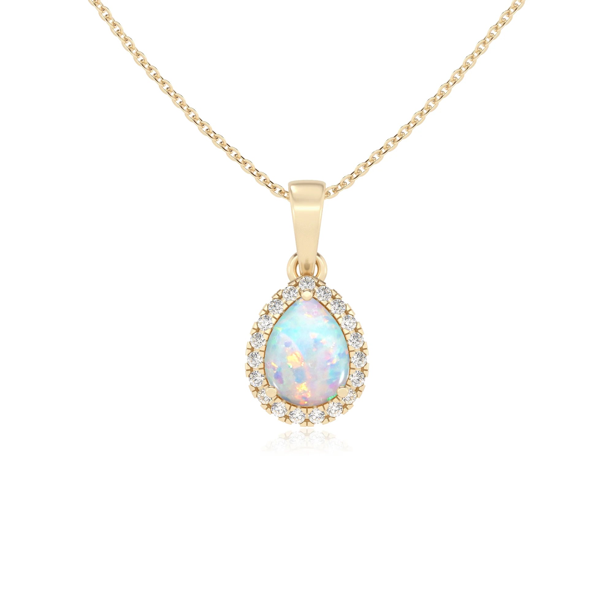 lab grown opal pear solitaire necklaces in yellow gold