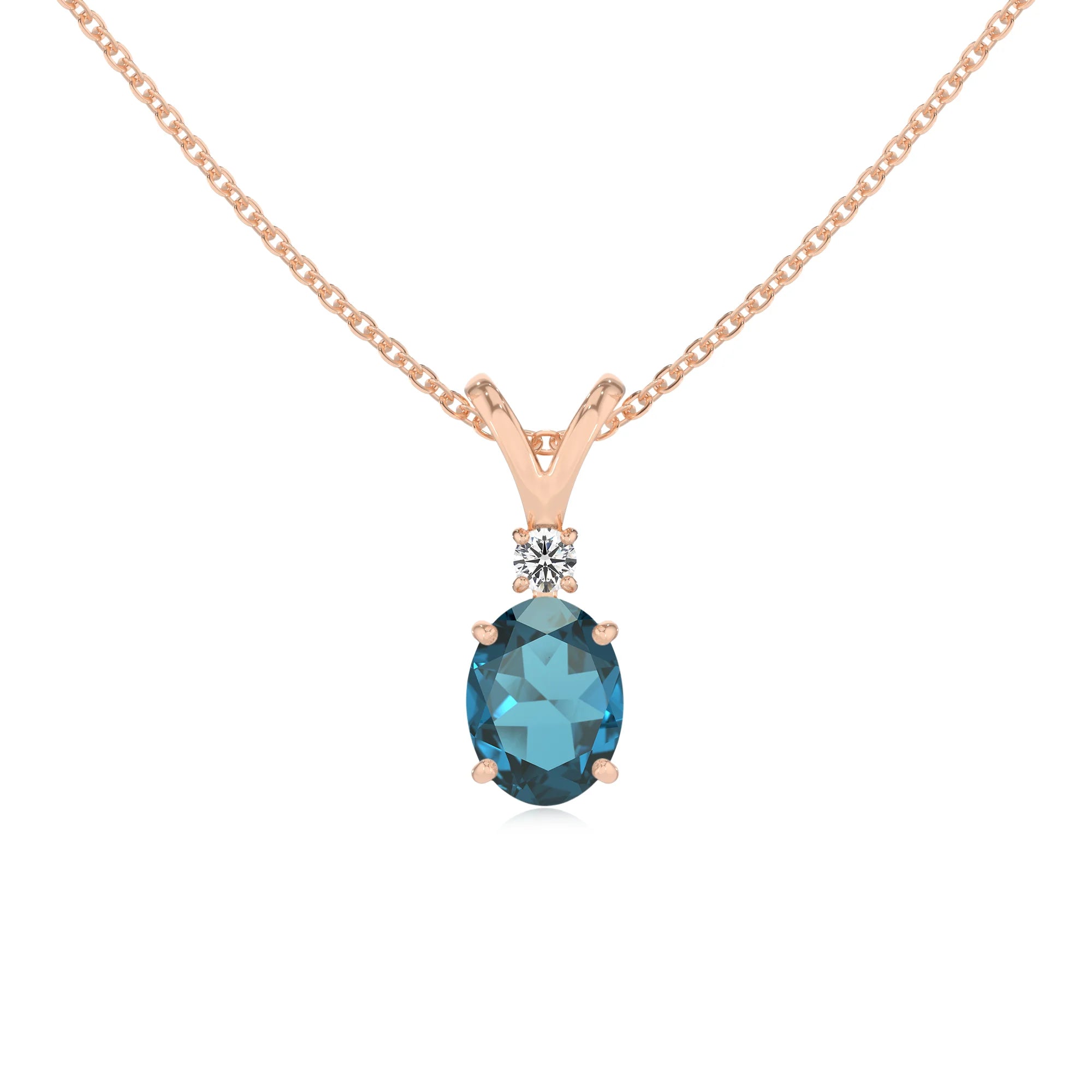 natural london-blue-topaz oval solitaire v-bale necklaces in rose gold