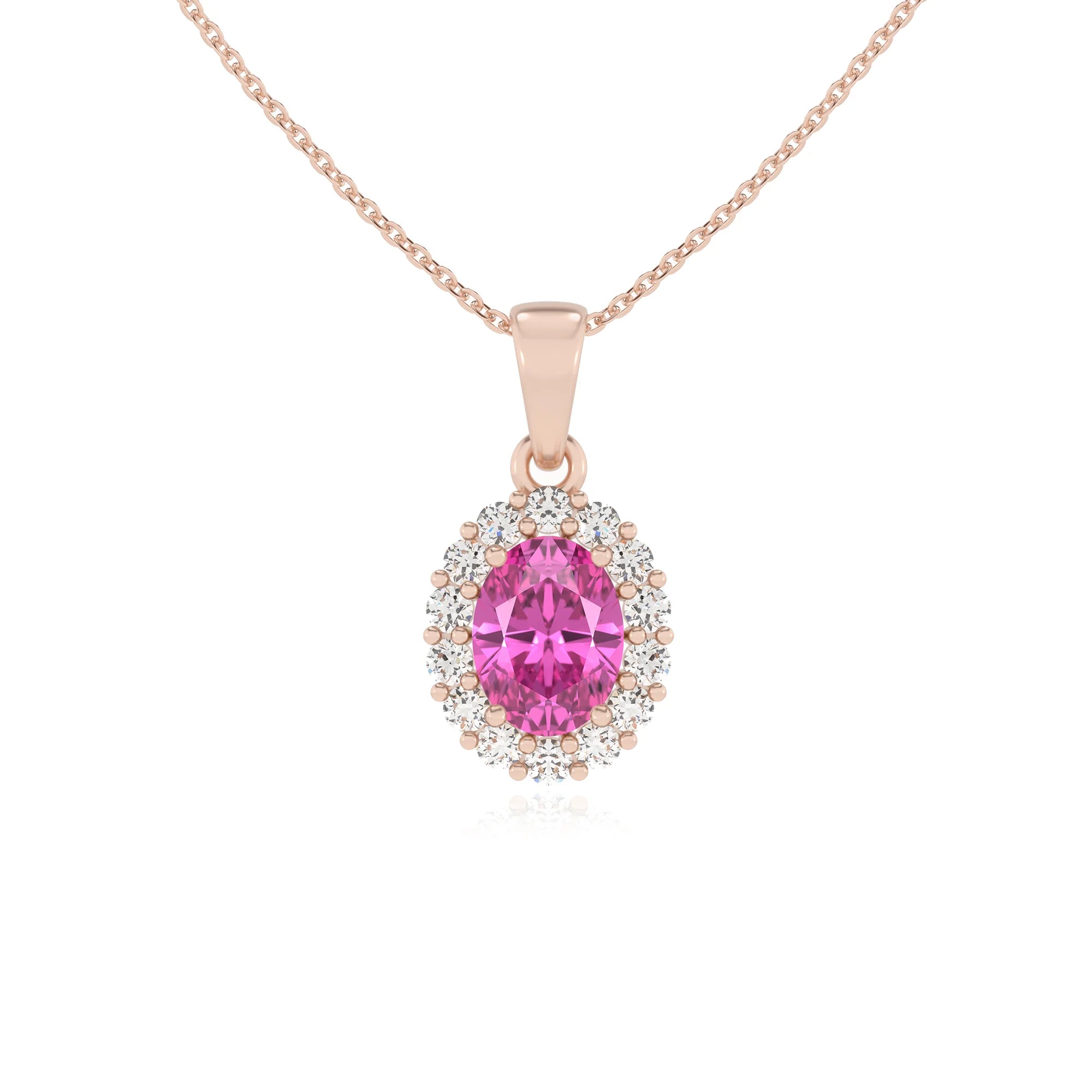 lab grown pink-sapphire oval solitaire necklaces in rose gold