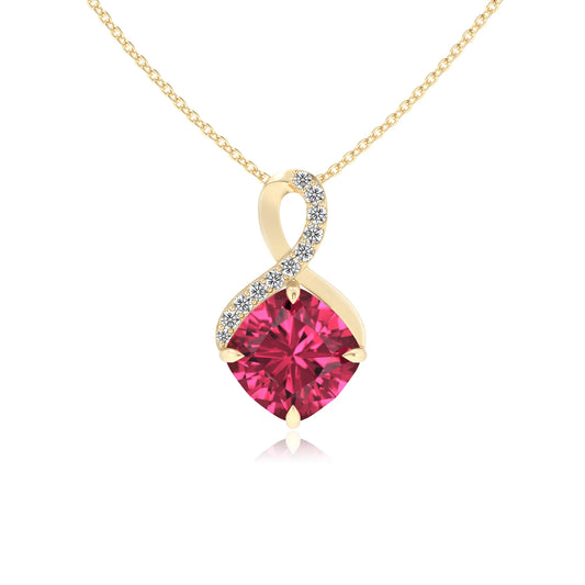 lab grown pink-tourmaline cushion infinity necklaces in yellow gold