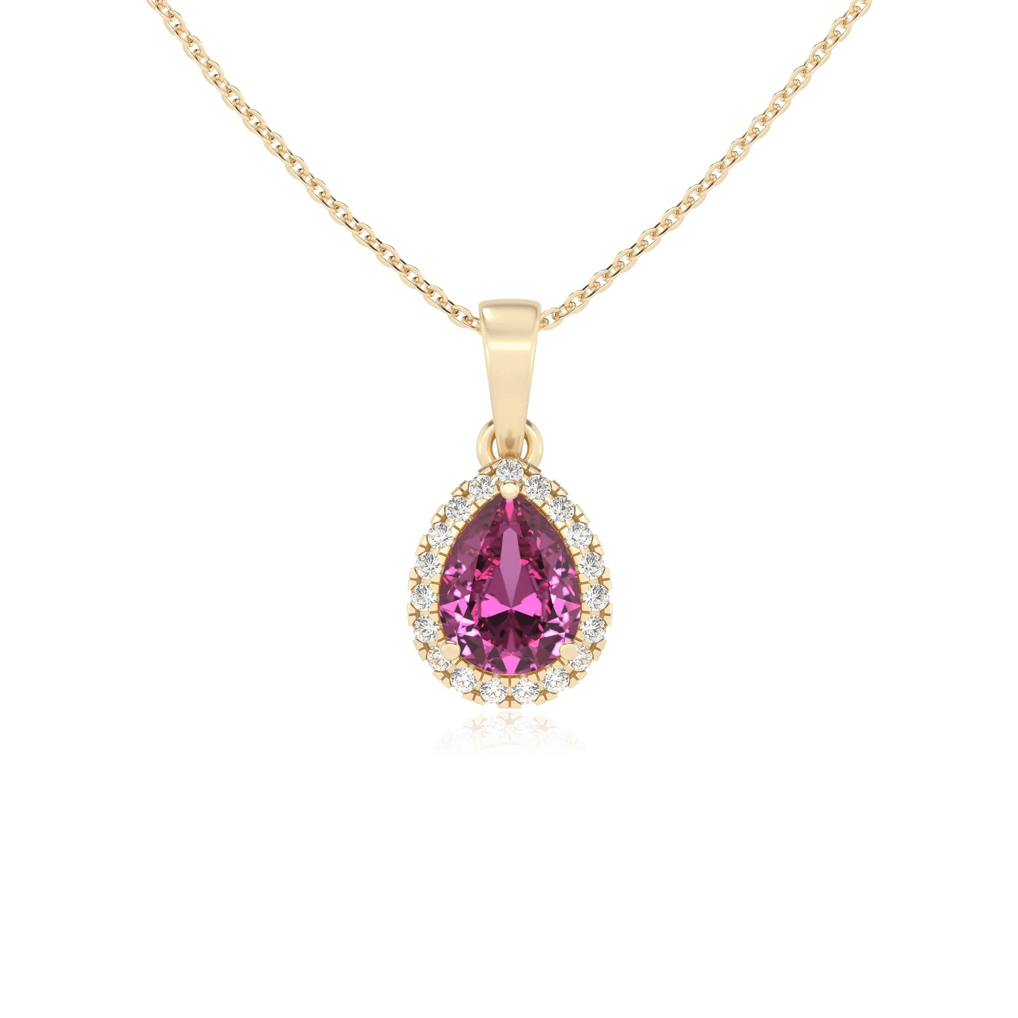 lab grown pink-sapphire pear solitaire necklaces in yellow gold