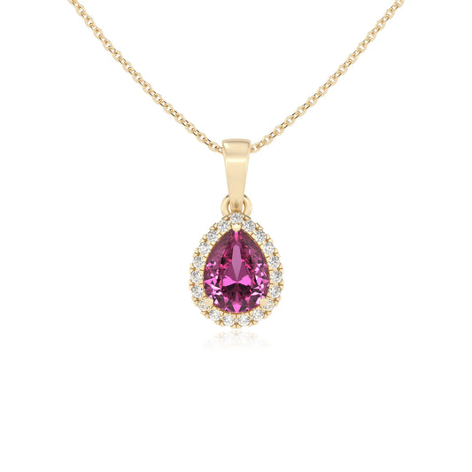 lab grown pink-sapphire pear solitaire necklaces in yellow gold