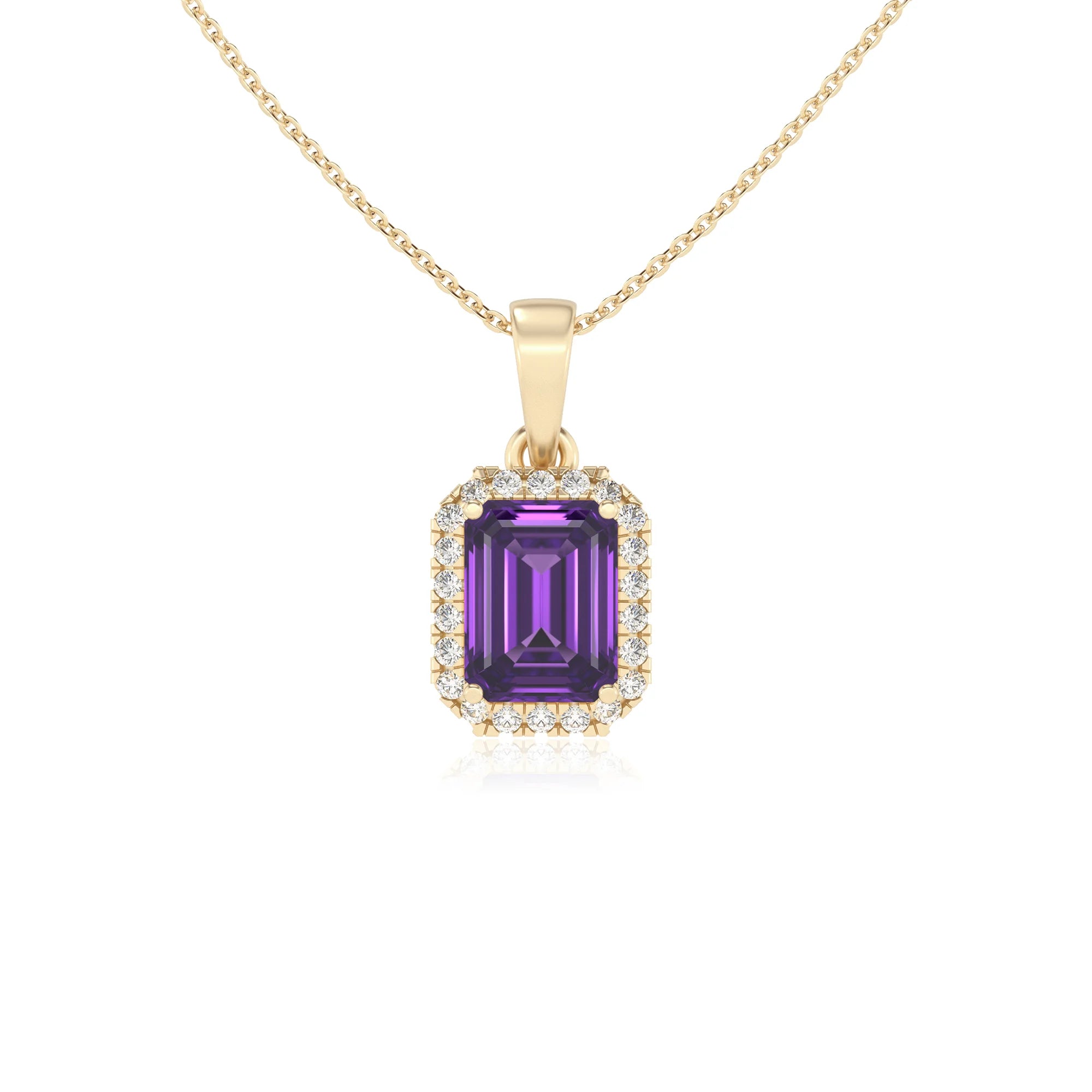 lab grown amethyst emerald cut solitaire necklaces in yellow gold