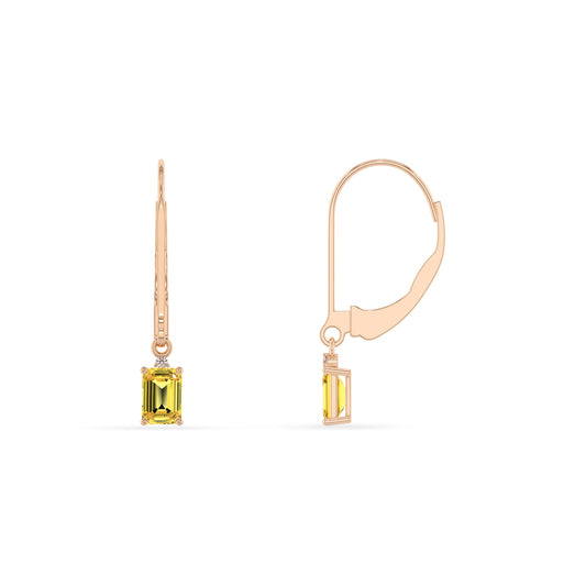 lab grown yellow sapphire emerald cut drop earrings in rose gold