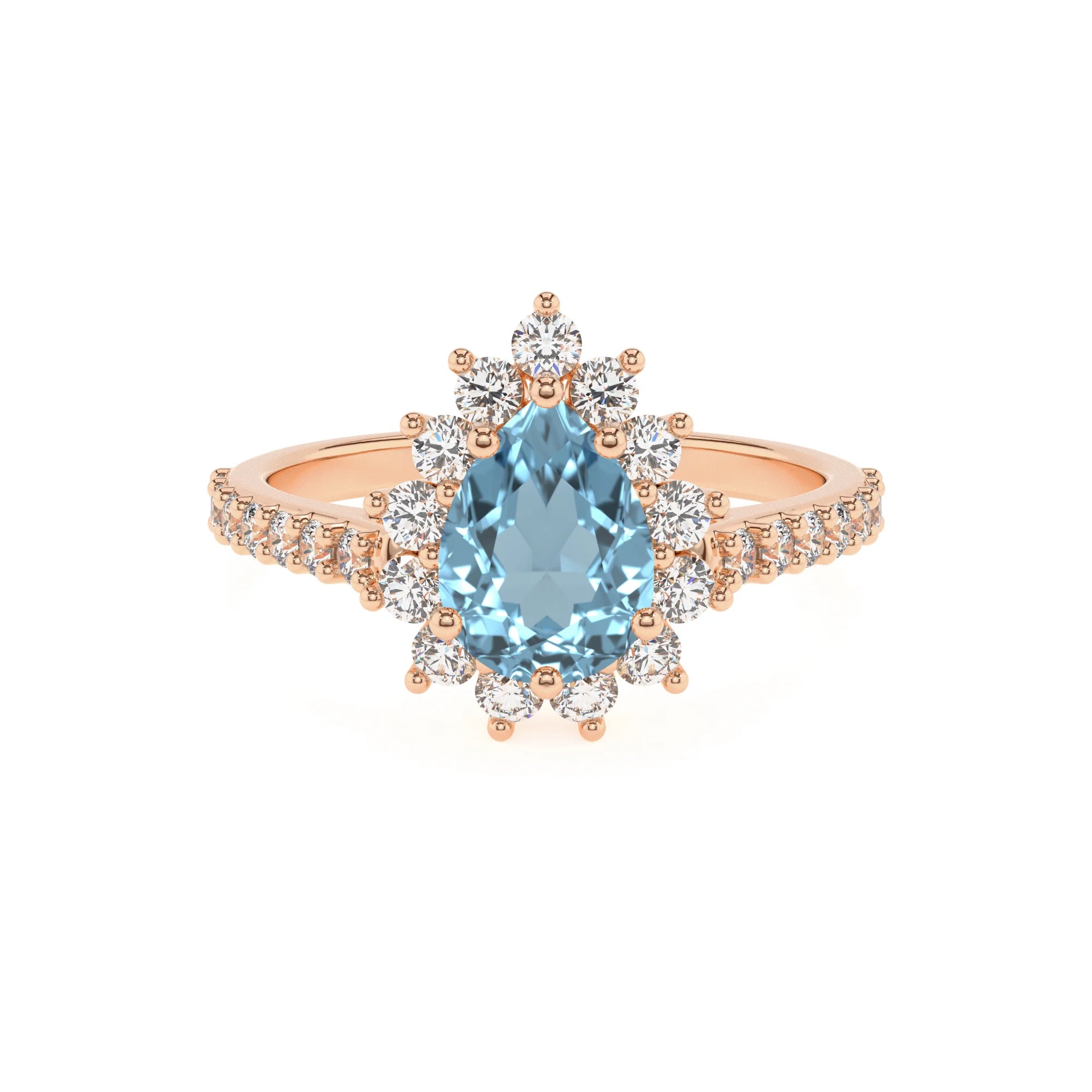 lab grown aquamarine pear solitaire rings in rose gold