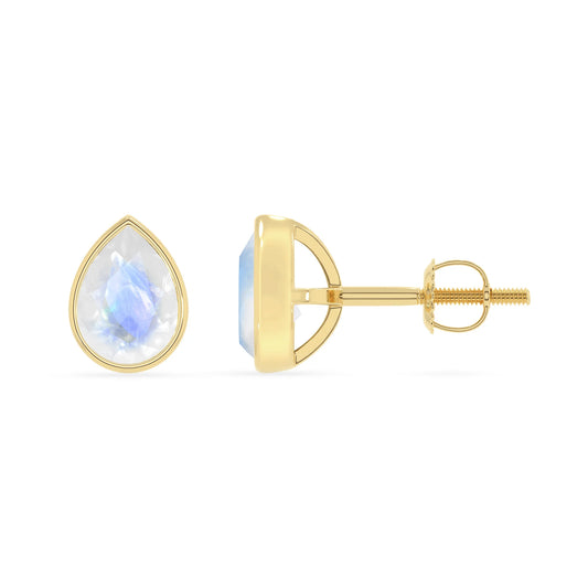 natural rainbow moonstone pear stud earrings in yellow gold