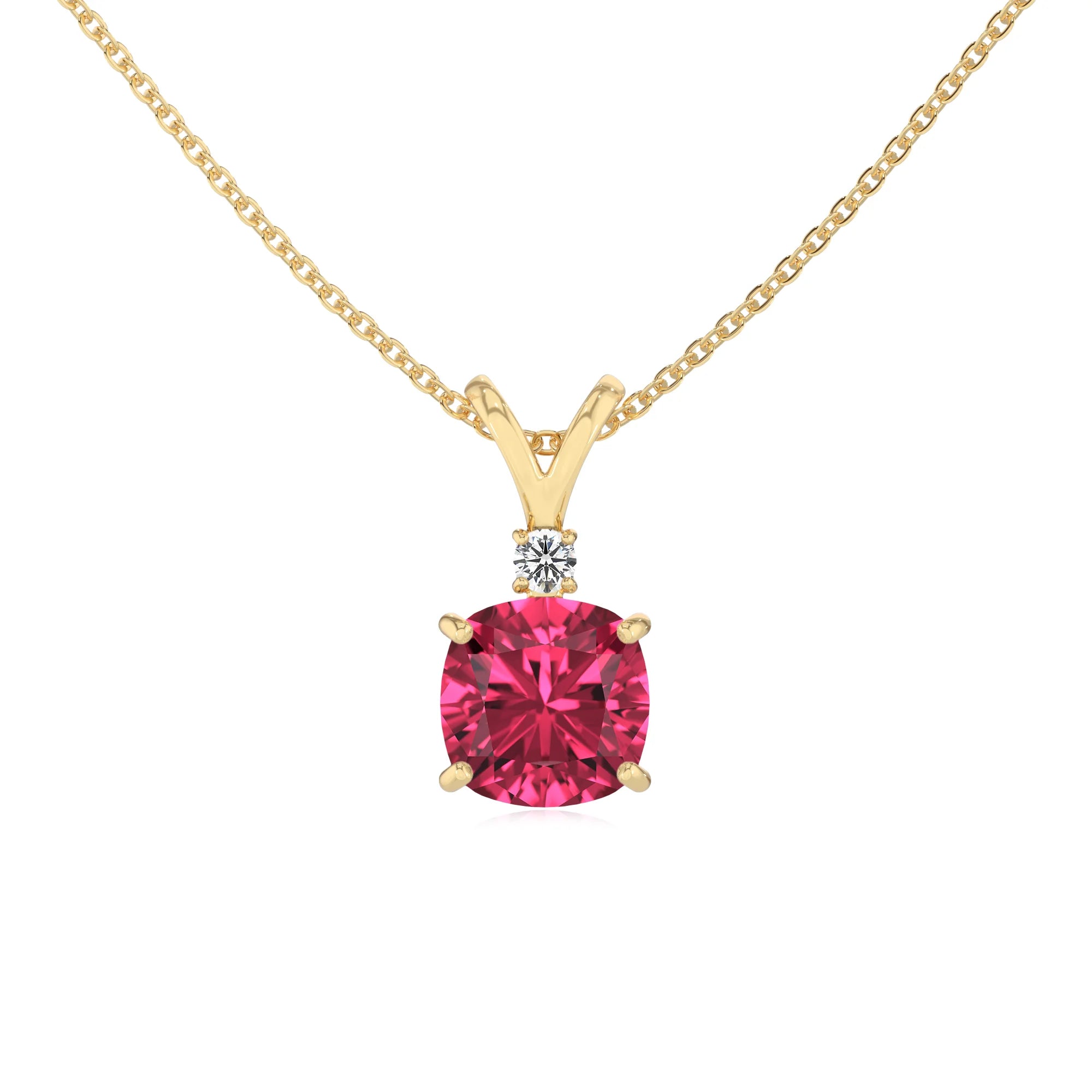lab grown pink-tourmaline cushion solitaire v-bale necklaces in yellow gold