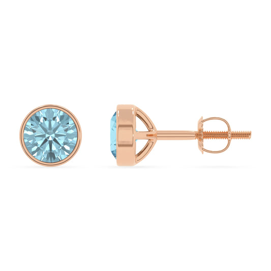 lab grown aquamarine round stud earrings in rose gold
