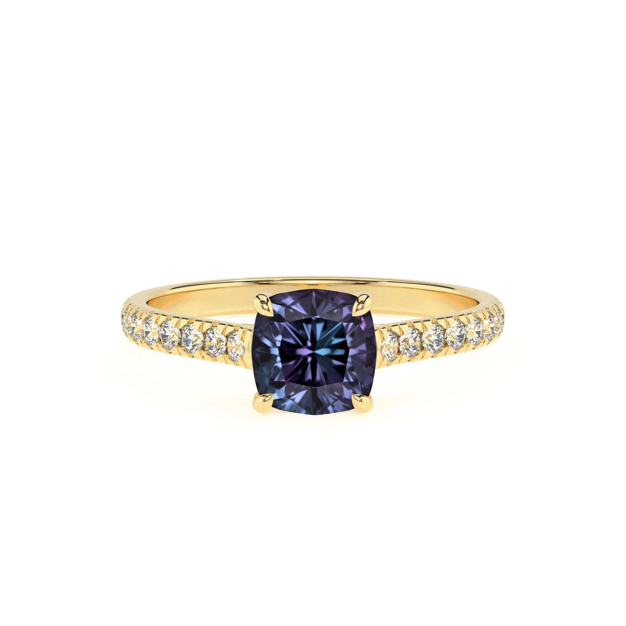 lab grown alexandrite cushion half eternity solitaire engagement rings in yellow gold