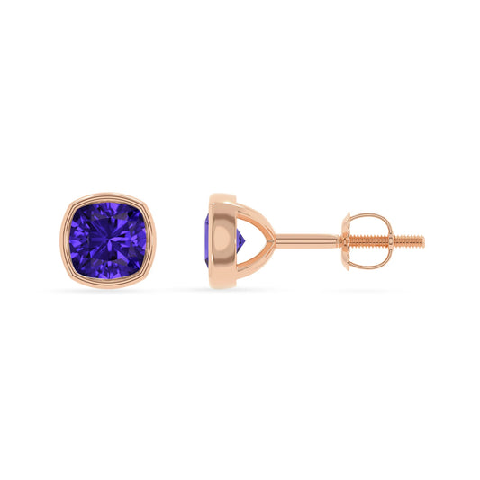 lab grown tanzanite cushion stud earrings in rose gold