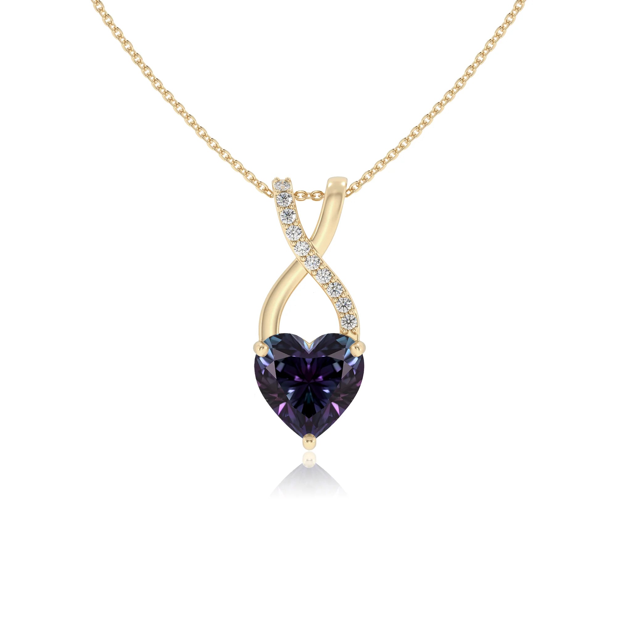 lab grown alexandrite heart solitaire necklaces in yellow gold