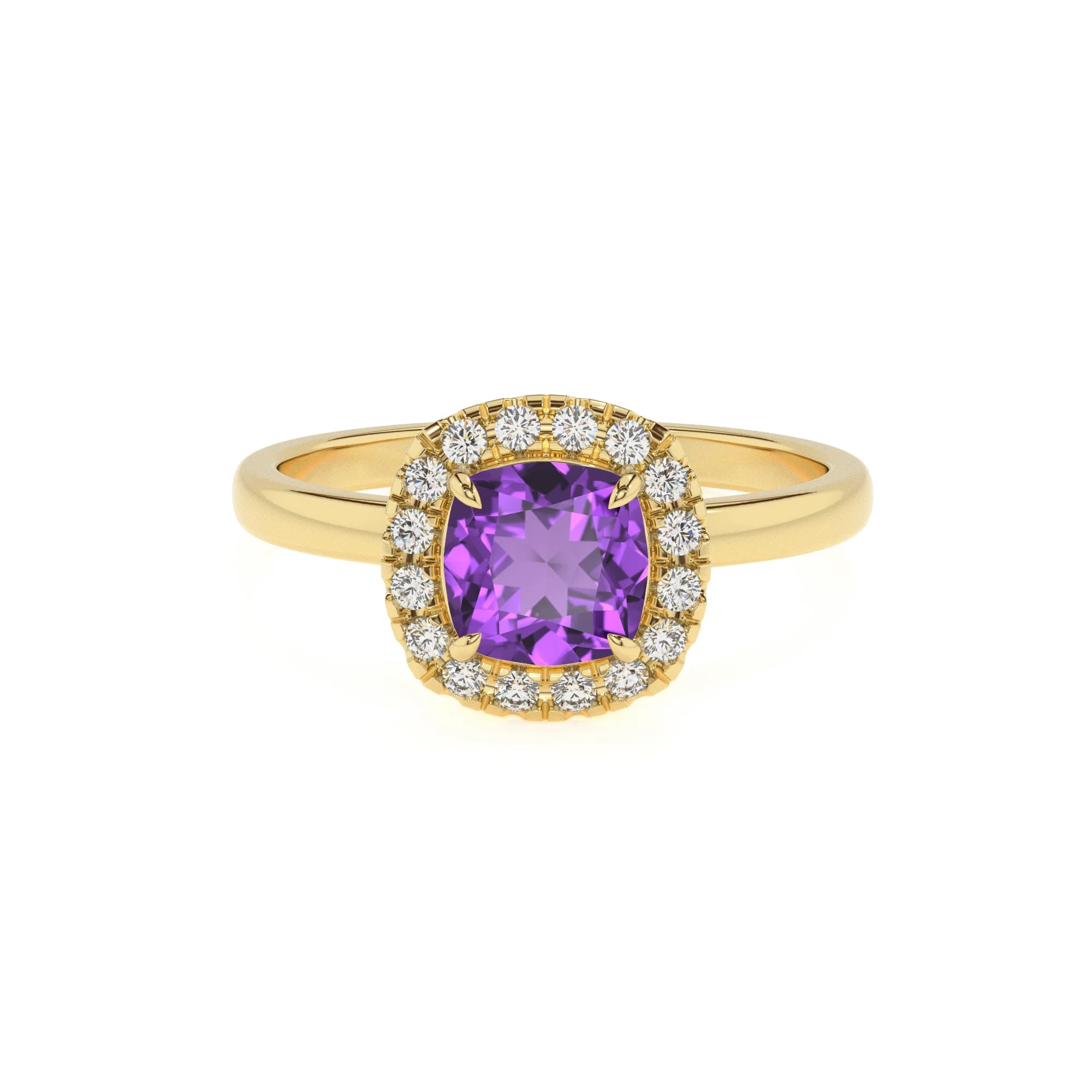 lab grown amethyst cushion solitaire rings in yellow gold