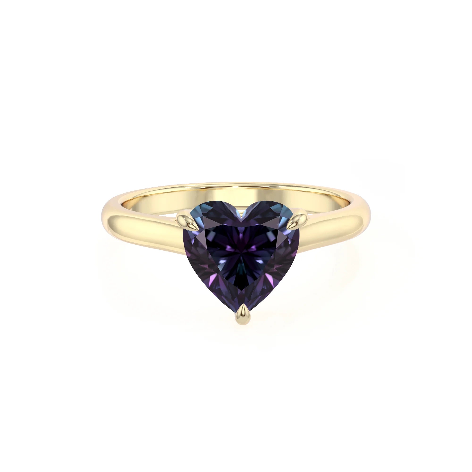 lab grown alexandrite heart solitaire rings in yellow gold