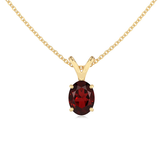 natural garnet oval solitaire v-bale necklaces in yellow gold