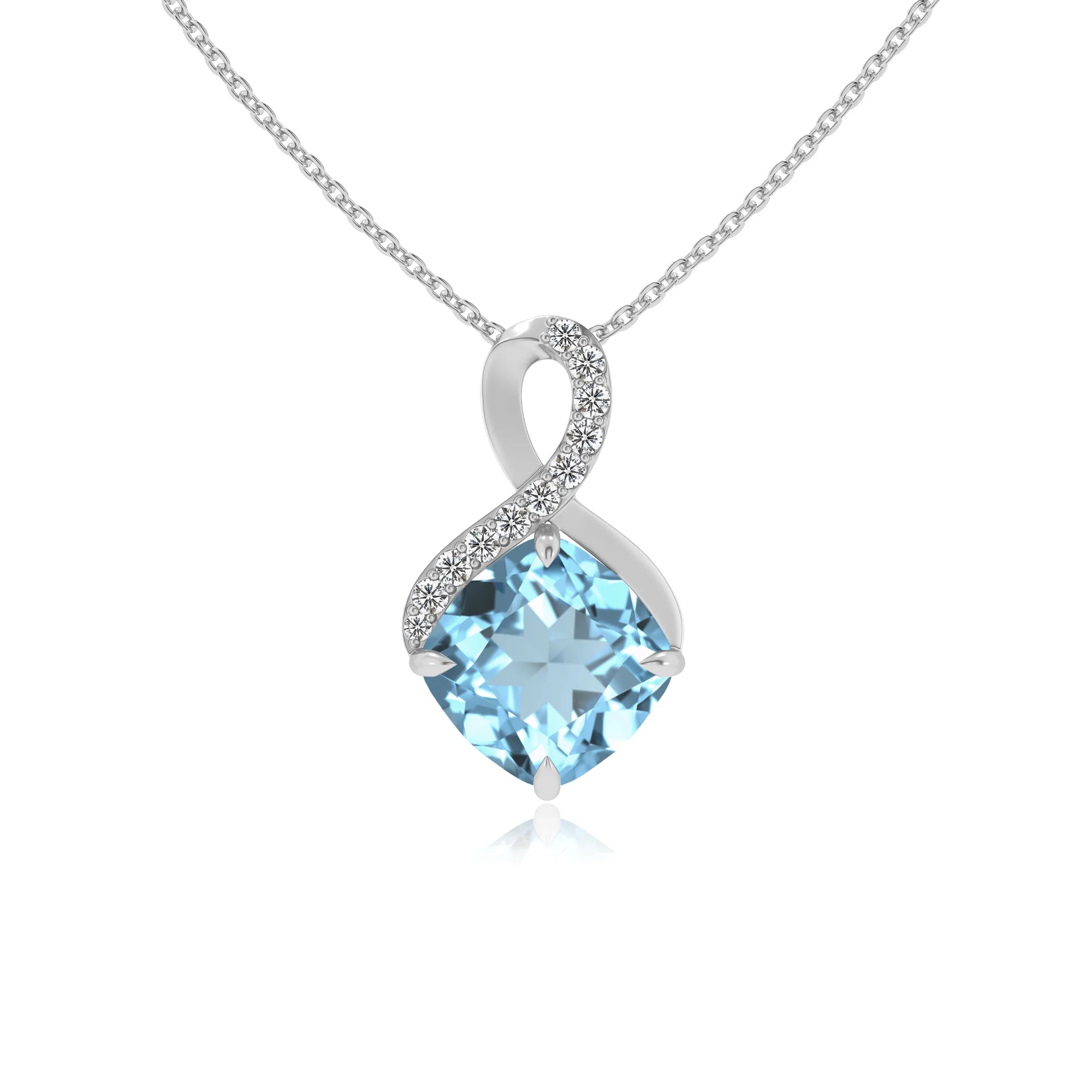 lab grown aquamarine cushion infinity necklaces in sterling silver