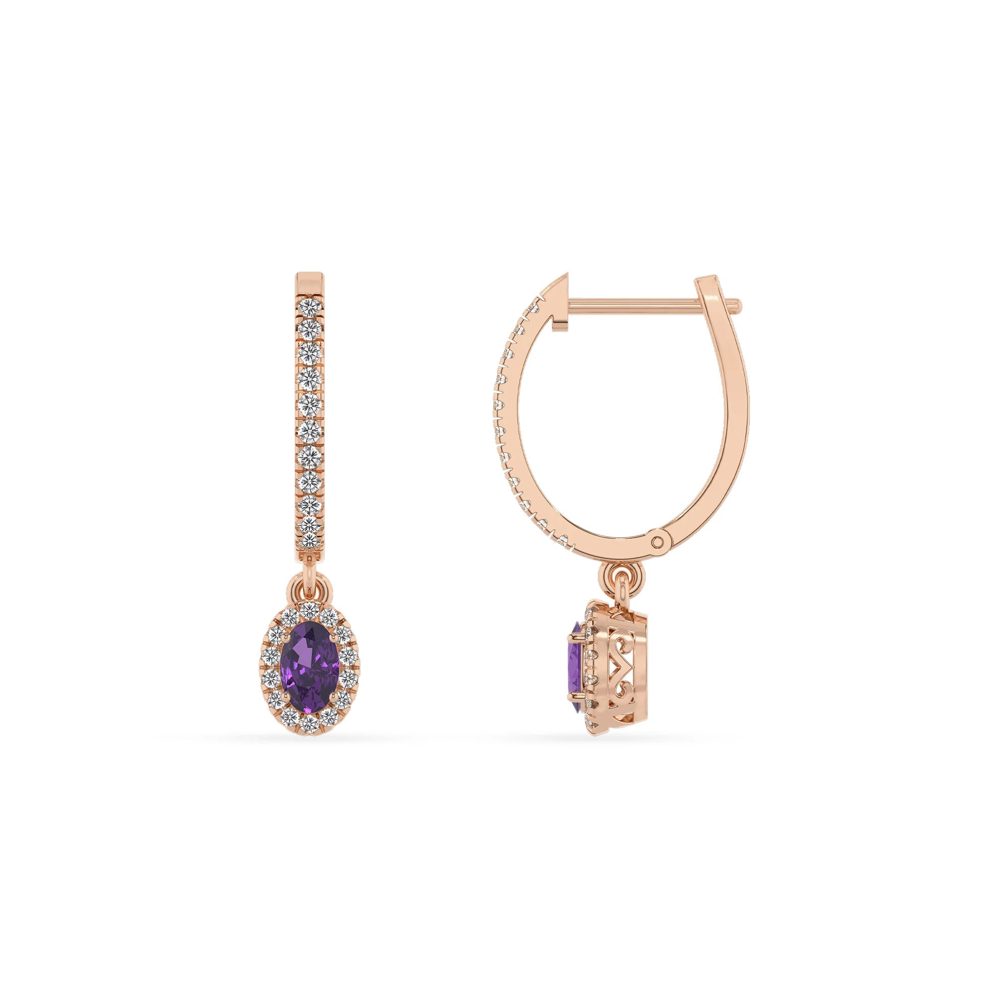 lab grown amethyst oval drop earrings in rose gold